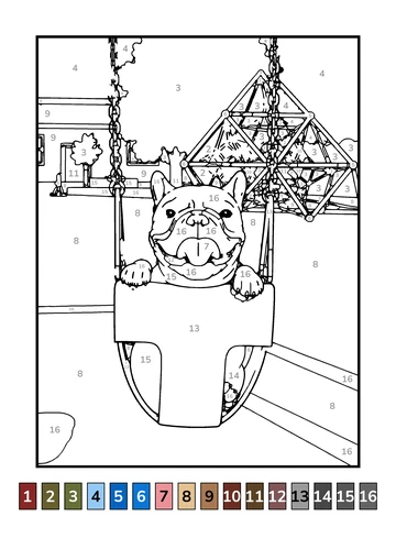The numbered coloring page of the bulldog in the swing, with a 16-color key