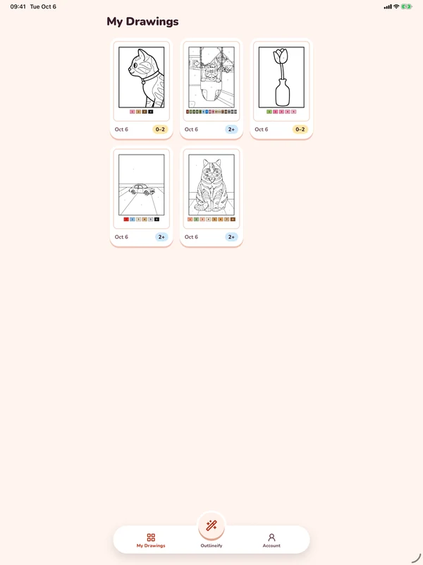 My Drawings on iPad, showing five coloring pages